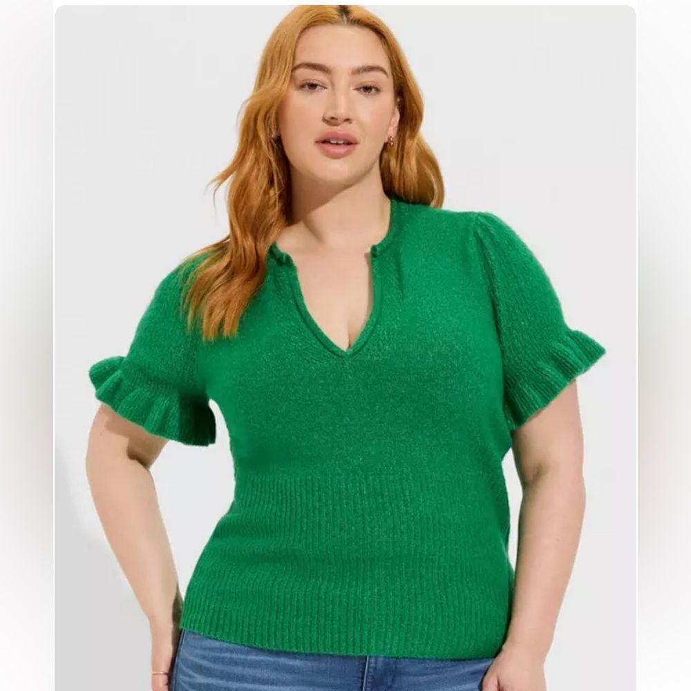 Torrid Vegan Cashmere Pullover V-Neck Ruffle Elbow Sleeve Pullover Sweater